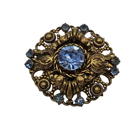 Art Deco Brooch Czech Faux Blue Glass Gold-Tone Round Costume Jewelry VTG Pin - Picture 1 of 12